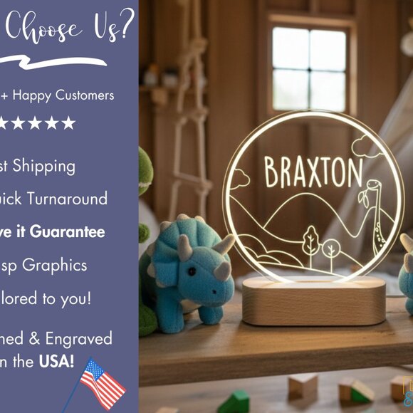 Personalized Dinosaur LED Light | Minimalist Kids Room Name Sign - Picture 4 of 8